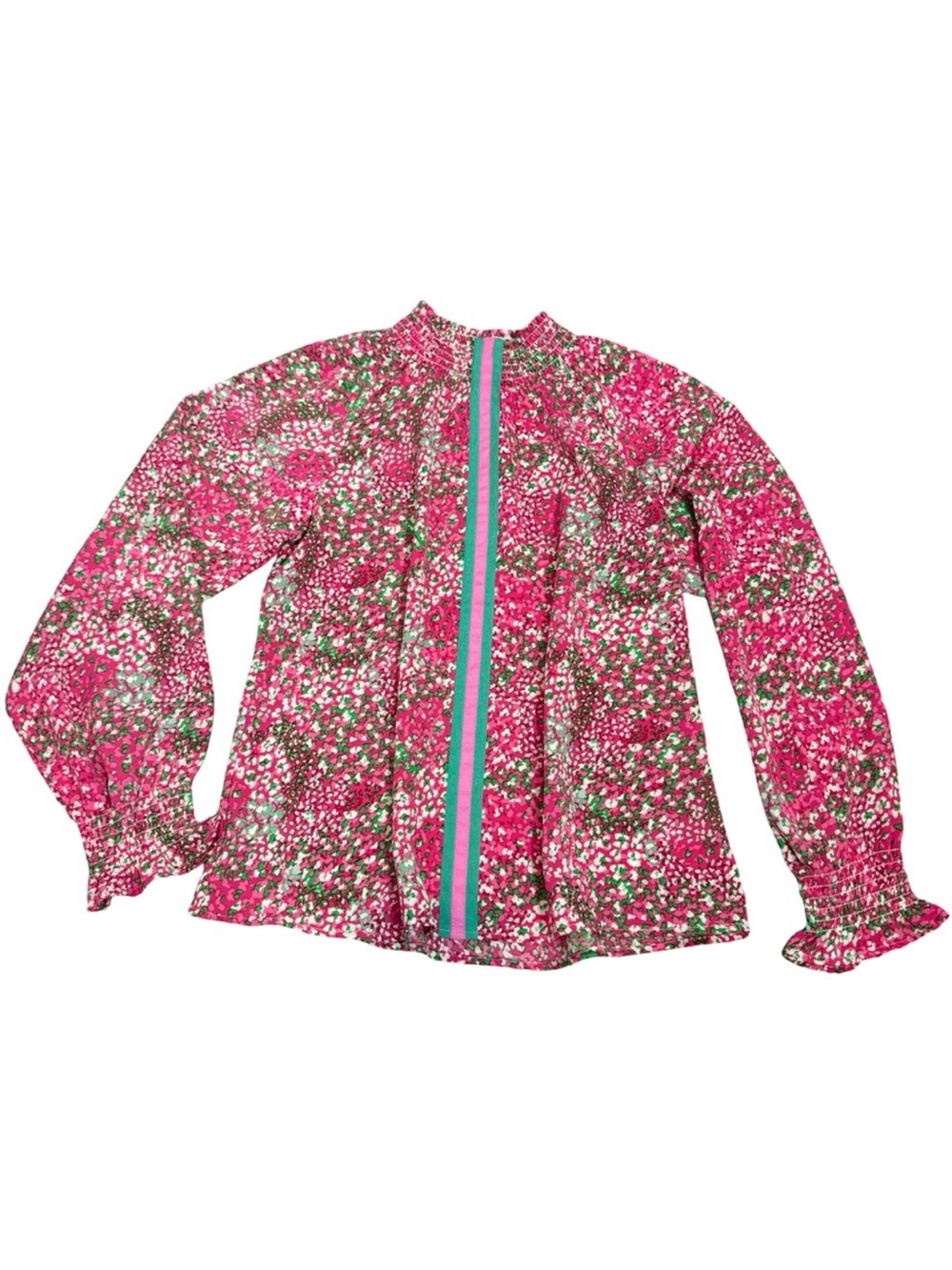THML Pink Floral Silky  Long Sleeve Blouse with Green & White Accents SZ M